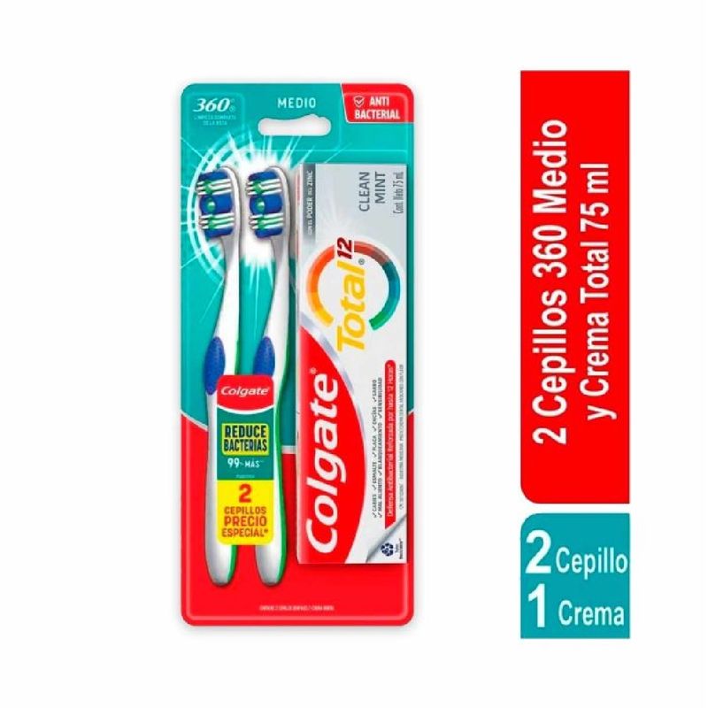 2 CEPILLO COLGATE 360 TWINPACK + TOTAL 75 ML