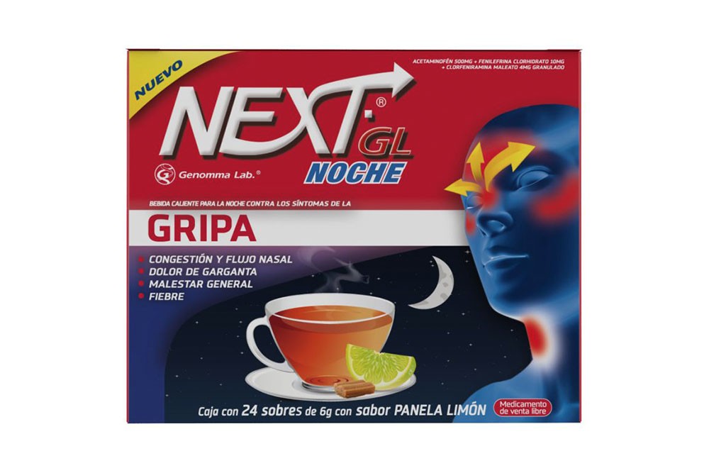 Next Noche Panela Limón Acetaminofén Caja X 24 sobres